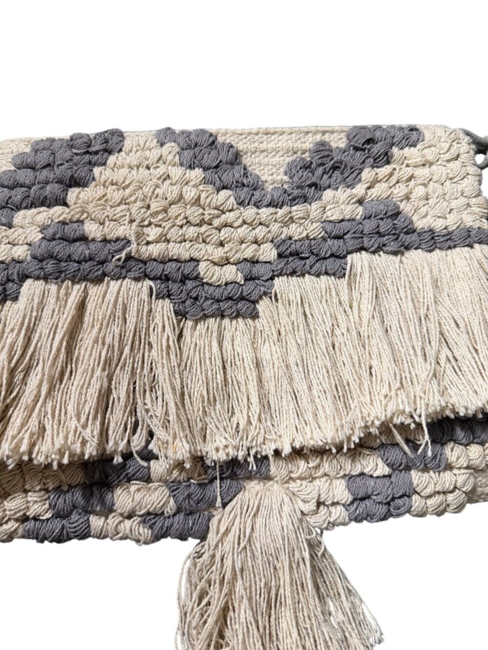 Monserat De Lucca Boho Woven Fringe Clutch Zip Pouch Beige Gray Textile Handbag - Picture 2 of 7